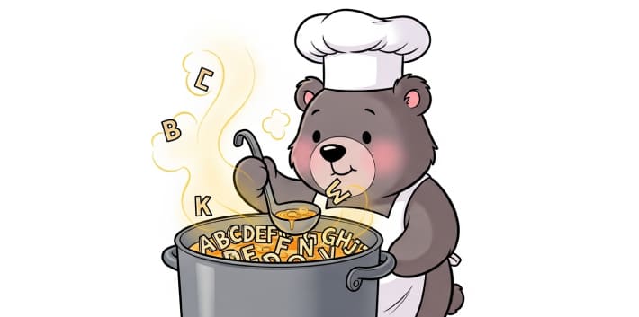 文字を集めて料理をしているクマのイラスト