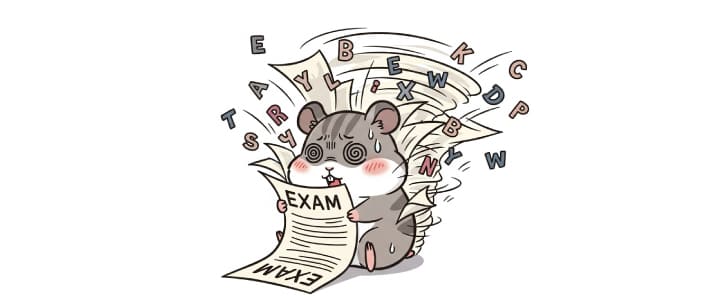 中学受験の国語のテストで速読を試すが、うまくいかず困っているハムスターのイラスト