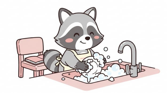 食後すぐには本を読まずに洗い物をしているアライグマのキャラクター