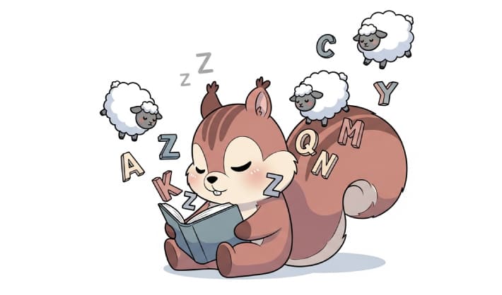 本を読んで眠くなっているリスのキャラクター
