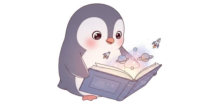 ちょっと背伸びする本を読んでいるペンギンのキャラクター