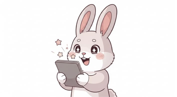 電子書籍リーダーを楽しそうに使うウサギのキャラクター