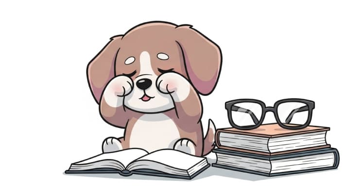 本を読みすぎて目の疲れや視力低下に悩まされている犬のキャラクター