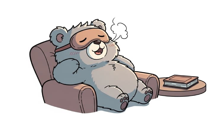読書の後にホットアイマスクで休憩しているクマのキャラクター