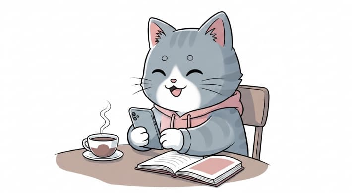 読んだ本の内容をSNSで共有する猫のキャラクター