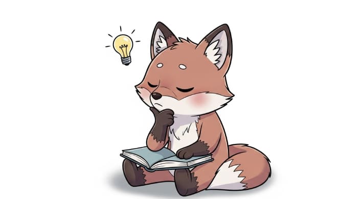 本を読みながら途中で思いを巡らすキツネのキャラクター