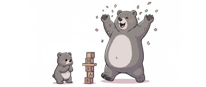 子熊が積み上げたブロックをみて、大げさに喜んで褒めている母熊のイラスト