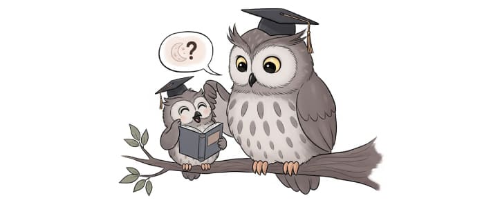 母親のフクロウが、子どものフクロウが読んでいる本の内容について質問しているイラスト