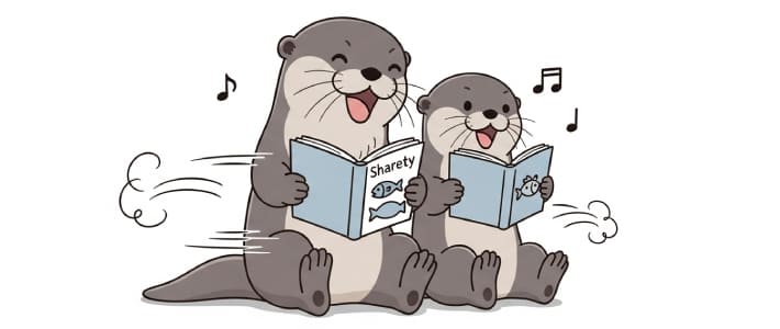 カワウソの親子が一緒に仲良く速読をしているイラスト