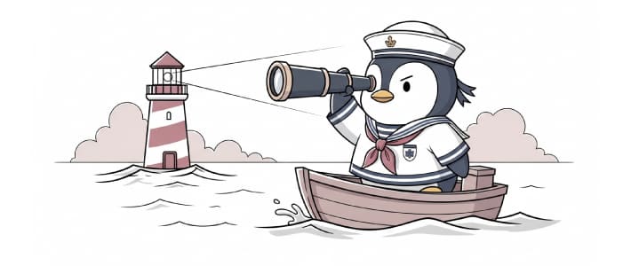 ボートに乗ったペンギンが目標の灯台を望遠鏡で覗いているイラスト