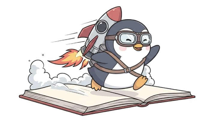 速読を身につけたペンギンがスピード感をイメージしたロケットを背負って、本の上で楽しんでいるイラスト
