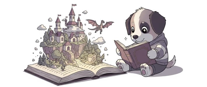 本の世界に没頭して読書を楽しんでいる子犬のイラスト