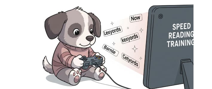 速読をゲームのコントローラーを持って練習している子犬のイラスト