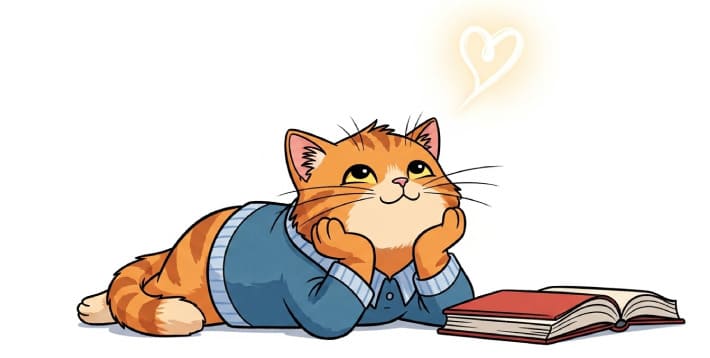 物語の世界を想像しながら、じっくりと本を味わい読書する猫のイラスト