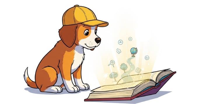 速読のコツを掴み、楽しそうに本を読む小学生の子犬のイラスト