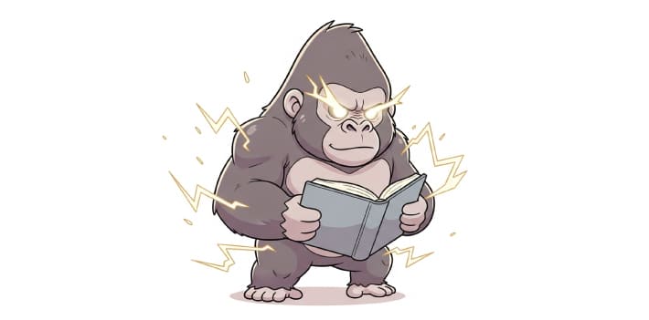本をよみながら脳が活性化してエネルギーに溢れているゴリラのイラスト