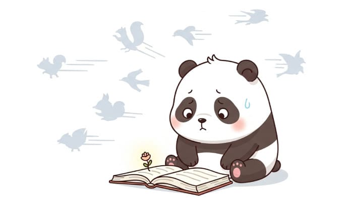 速読が上手くいかずに劣等感を抱いているパンダの子どものイラスト