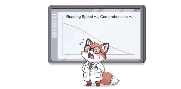 「読む速度が上がると理解度が低下することをあらわしたグラフ」を見てショックを受けるキツネのイラスト