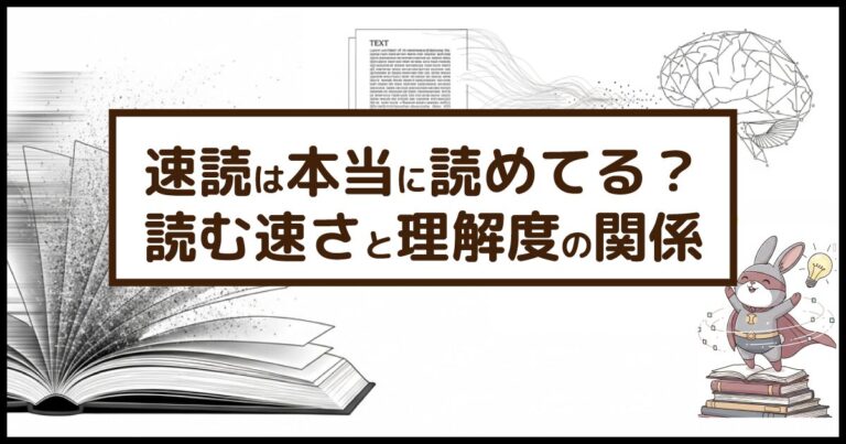 「速読は本当に読めてる？ 読む速さと理解度の関係」のテキストと、速読をしている様子や研究結果のレポート、脳の活性化、速読能力を身につけたウサギ