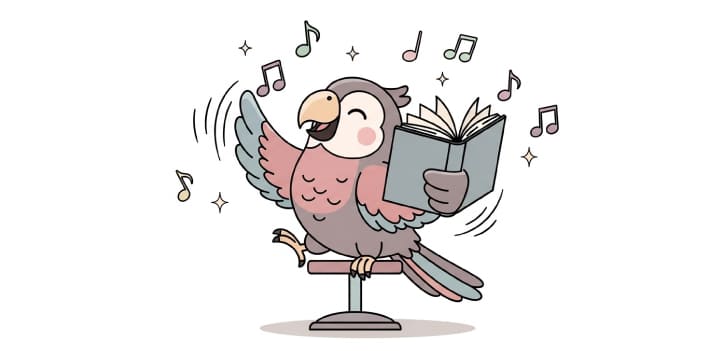 楽しそうに速読をしているオウムのイラスト