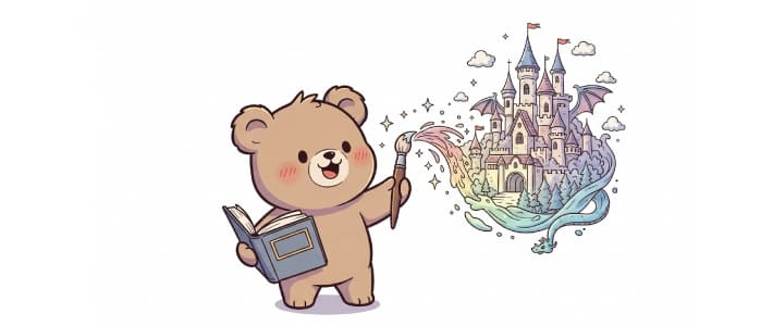本を読んで想像力を身につけた子熊のキャラクター