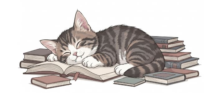 本を読みながら眠ってしまった猫のキャラクター