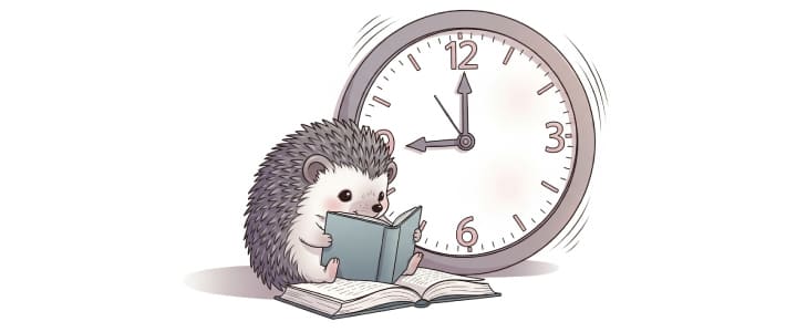 時間を忘れて本を読むことに集中している子どものハリネズミのキャラクター