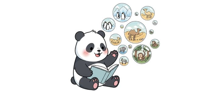 本を読んで様々な価値観を学んでいる子どものパンダのキャラクター