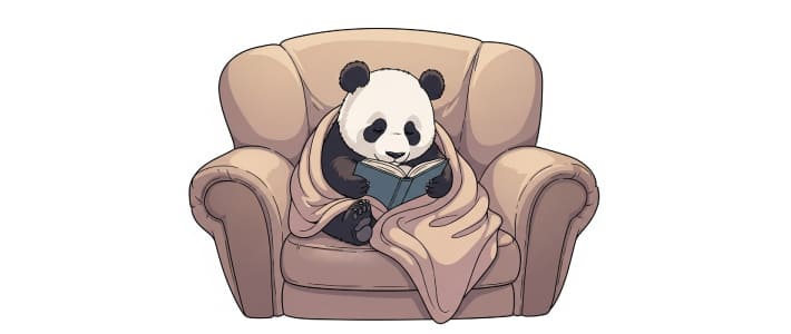 ソファに座ってリラックスして本を読みながら眠ってしまったパンダのキャラクター