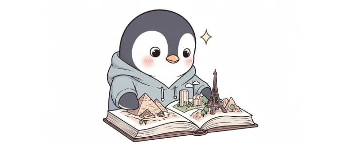 本を読んで知識や教養を身につけている子どものペンギンのキャラクター