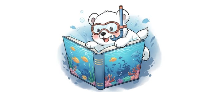 知識の海をイメージした本の世界に飛び込もうとしている子どものシロクマのキャラクター