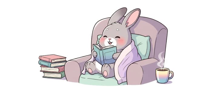 一人で楽しそうに本を読む子ウサギのキャラクター