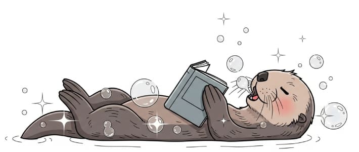 長時間同じ姿勢で本を読んで眠ってしまったラッコのキャラクター
