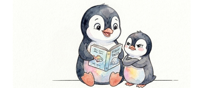 親が熱心に勧める本を子どもが頑なに拒絶し、不機嫌にそっぽを向いて困惑するペンギンの親子