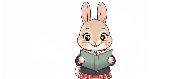 ヨンデミーで読書を楽しんでいる中学生のウサギキャラクター