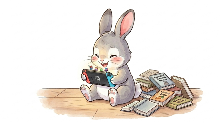 本を読まずにビデオゲームをしている子ども・ウサギ