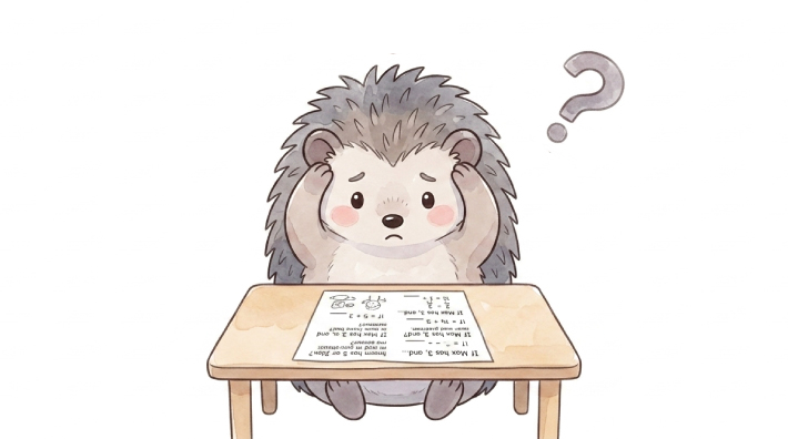 読解力不足で算数の文章題が解けずに悩む小学生をイメージした、プリントを前に頭を抱えるハリネズミの子ども