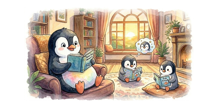 手遅れになる前に本嫌いを克服する現代の新しい読書アプローチをイメージした、親が本を選ぶ負担を手放してヨンデミーのプロの仕組みに任せ、親がガミガミ言わずに小学生が自発的に本を楽しむ様子を表現したペンギンの親子