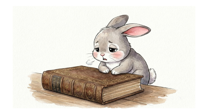 読解レベルに合わない難しい名作本を与えられて挫折し、読書へのコンプレックスを抱える小学生をイメージした、分厚い本を前にしょんぼりするウサギの子ども