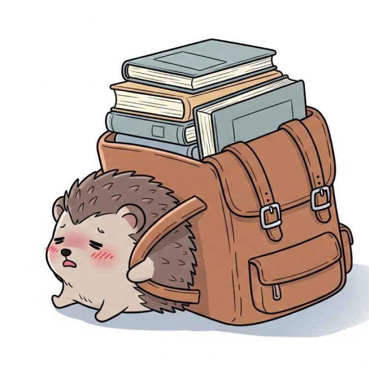 本がぎっしり詰まった重いリュックに押しつぶされそうになり、読書の悩みを抱えてぐったりしているハリネズミ