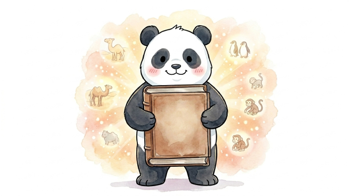 社会を生き抜く最強の防具である語彙力を身につけ、自信に満ちた小学生をイメージした、本を胸に抱きしめて笑顔で立つパンダの子ども